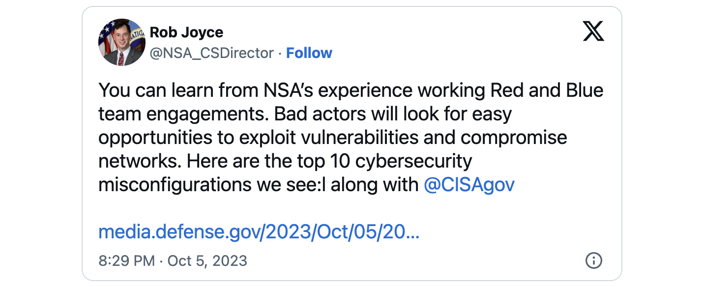 NSA和CISA公布十大网络安全错误配置
