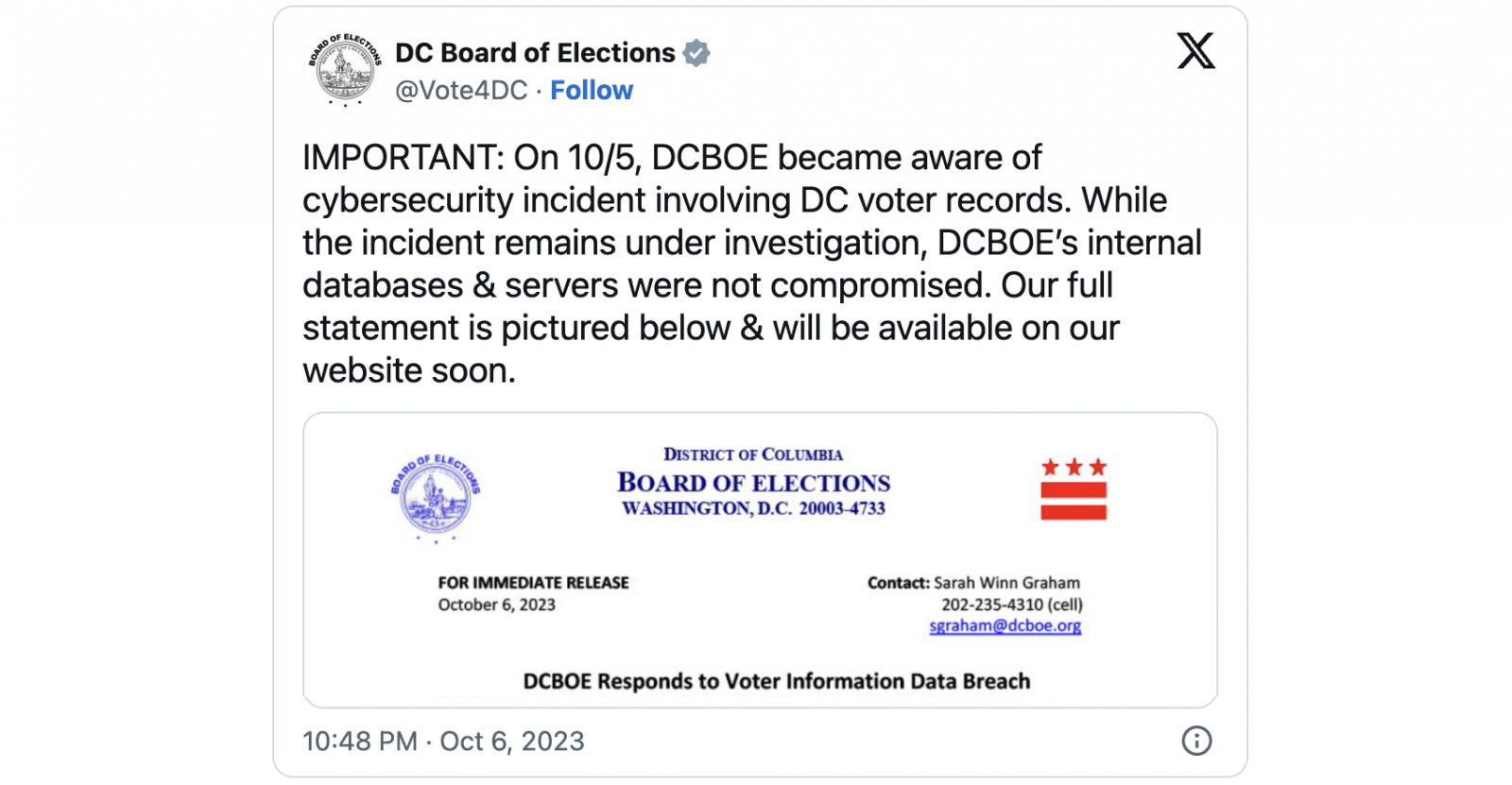 华盛顿选举委员会确认选民数据被黑客窃取
